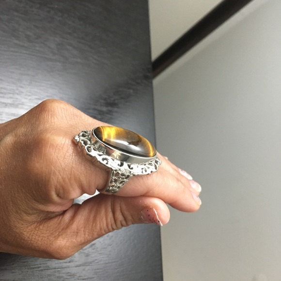 Natural African Tiger's Eye Solitaire Ring in Platinum Over Copper size 8 - Picture 3 of 16